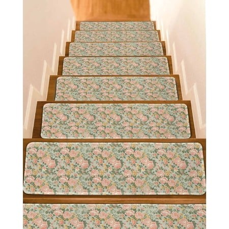 Pink Rose Stair Treads for Wooden Steps Indoor Runner Rug Carpet  Romantic Botanical Floral Flowers Leaves 15 Pieces Peel and Stick Staircase Step Tre