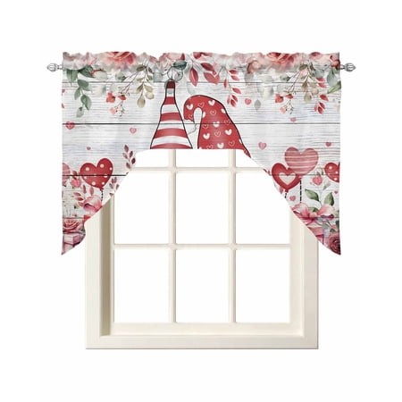 Pink Valentine S Day Swag Valances for Windows  Small Curtains Drapes  Romance Roses Leaves Gnomes Wooden Kitchen Window Curtains Over Sink Window Tre