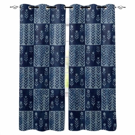 Vintage Floral Blackout Curtains 54 Inches Long  Abstract Flowers Patchwork Country Navy Blue Thermal Insulated Black Out Curtains  Darken Window Curt