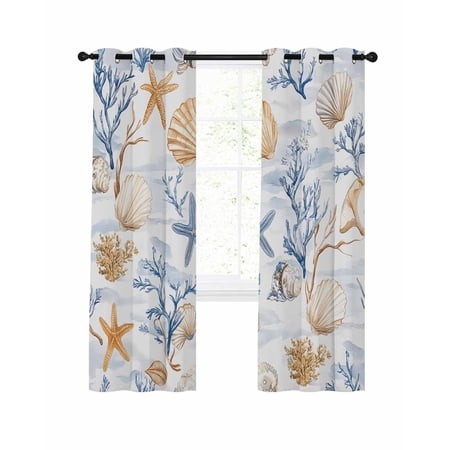 Summer Blue Blackout Curtains for Bedroom Living Room  Yellow Coral Shell Starfish Ocean Marine Life 54 in Long Thermal Insulated Room Darkening Drape