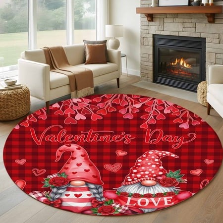 Valentine S Day Round Area Rug 5Ft Washable Circle Rugs for Living Room Bedroom  Gnomes Romantic Roses Red Plaid Non-Slip Carpet Floor Mats Indoor Out