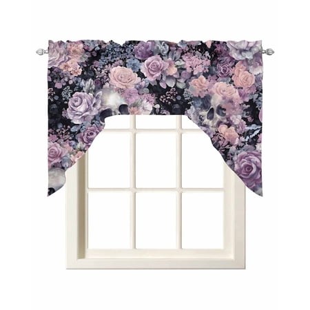 Halloween Skull Swag Valances for Windows  Small Curtains Drapes  Vintage Colorful Rose Floral Wildflower Kitchen Window Curtains Over Sink Window Tre
