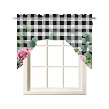 Spring Pink Roses Swag Valances for Windows  Small Curtains Drapes  Pastoral Eucalyptus Black White Plaid Kitchen Window Curtains Over Sink Window Tre