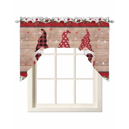 Valentine S Day Swag Valances for Windows  Small Curtains Drapes  Love Heart Romantic Roses Gnomes Wooden Kitchen Window Curtains Over Sink Window Tre
