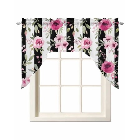 Pink Roses Swag Valances for Windows  Small Curtains Drapes  Romantic Flowers Leaves Floral Black Stripes Kitchen Window Curtains Over Sink Window Tre