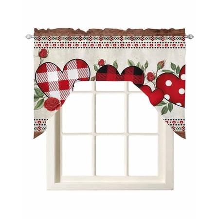 Love Heart Valentine S Day Swag Valances for Windows  Small Curtains Drapes  Spring Floral Roses Romantic Kitchen Window Curtains Over Sink Window Tre