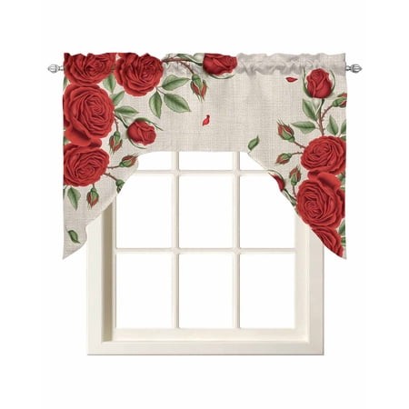 Red Roses Valentine S Day Swag Valances for Windows  Small Curtains Drapes  Romantic Spring Floral Rustic Kitchen Window Curtains Over Sink Window Tre