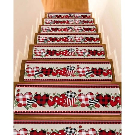 Red Valentine S Day Stair Treads for Wooden Steps Indoor Runner Rug Carpet  Love Heart Roses Leaves Rustic 10 Pieces Peel and Stick Staircase Step Tre