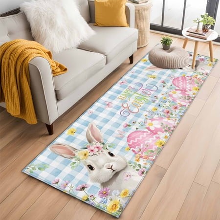 Runner Rug 2 X 6 Ft  Blue Easter Washable Non-Slip Floor Mat for Kitchen Hallway/Entryway  Spring Easter Bunny Eggs Floral Buffalo Plaid Long Kitchen 