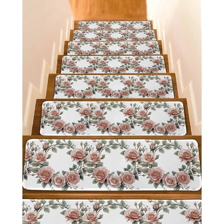 Retro Flower Stair Treads for Wooden Steps Indoor Runner Rug Carpet  Pastoral Pastel Pink Rose Floral Leaf 10 Pieces Peel and Stick Staircase Step Tre