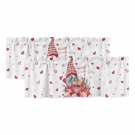 2 Pack Valances for Window  Valentine S Day Short Curtains for Kitchen Bedroom Living Room  Red Gnomes Hot Love Heart Rose Rod Pocket Small Window Tre