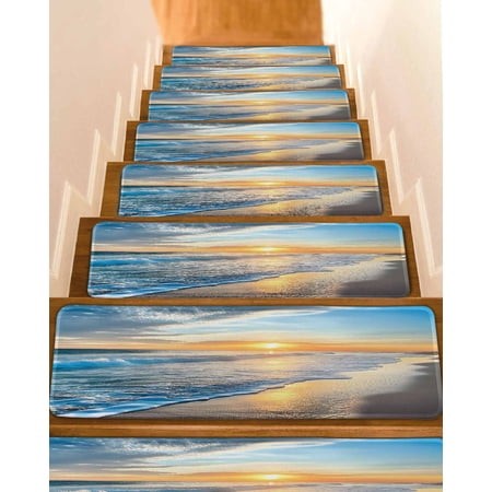 Sunset Beach Stair Treads for Wooden Steps Indoor Runner Rug Carpet  Spray Ocean Waves Sky Nature Scenery 10 Pieces Peel and Stick Staircase Step Trea