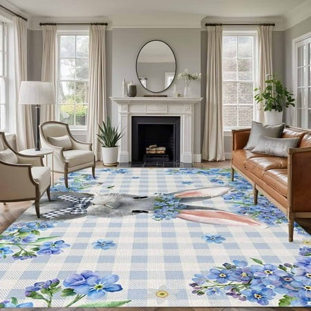 Easter Rabbit Area Rugs 6 X9   Washable Small Throw Rugs for Kitchen Dining Room  Spring Cute Bunny Blue Flowers Buffalo Plaid Indoor Outdoor Rug Non-