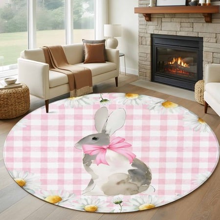 Round Rugs 6 Ft  Blue Easter Bunny Non Slip Area Rugs for Kitchen Bedroom Entryway  Spring Daisy Modern Pink Buffalo Plaid Washable Carpet Runner Rug 
