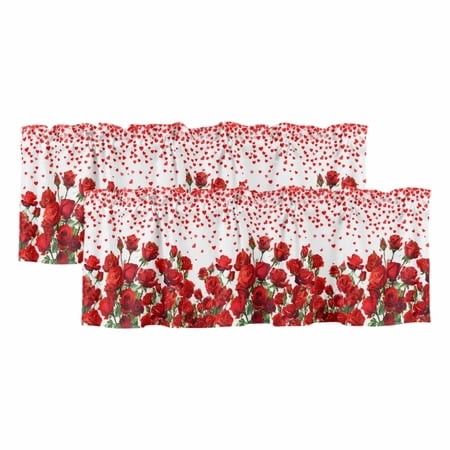 2 Pack Valances for Window  Valentine S Day Short Curtains for Kitchen Bedroom Living Room  Red Roses Love Hearts Romantic Rod Pocket Small Window Tre