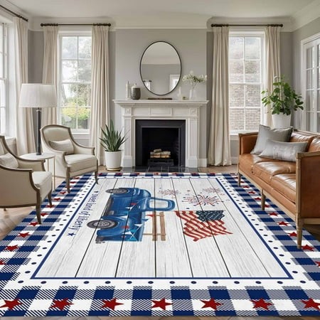 Independence Day Area Rugs 6 X9   Washable Small Throw Rugs for Kitchen Dining Room  Blue Fireworks Flag Star Buffalo Plaid Indoor Outdoor Rug Non-Sli