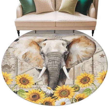 Farmhouse Elephants Round Area Rugs Collection 6   Spring Summer Sunflowers Wood Grain Non Slip Indoor Circular Throw Runner Rug Floor Mat Carpet for 