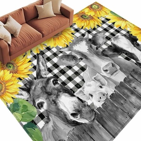 Black White Farmhouse Area Rugs Collection 6 X9   Cute Farm Animal Sunflowers Non Slip Indoor Rectangle Throw Runner Rug Floor Mat Carpet for Living R