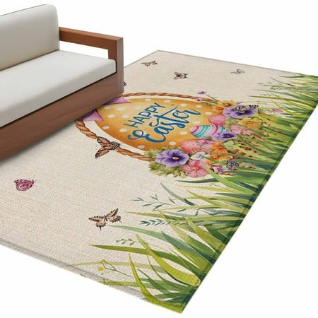 Beige Happy Easter Area Rugs Collection 4 X6   Spring Easter Eggs Floral Rustic Non Slip Indoor Rectangle Throw Runner Rug Floor Mat Carpet for Living