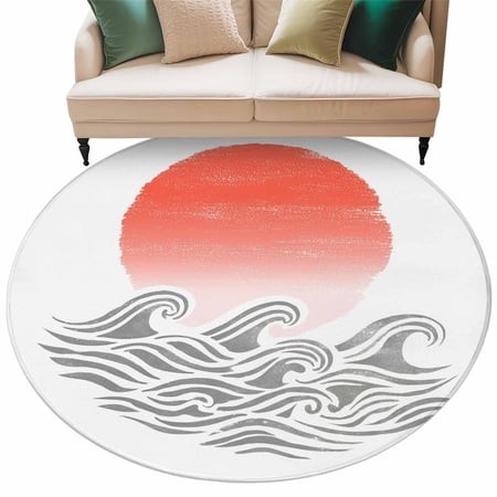 Orange Ombre Sun Rise Round Area Rugs Collection 7   Ocean Waves Coastal Abstract Art Non Slip Indoor Circular Throw Runner Rug Floor Mat Carpet for L