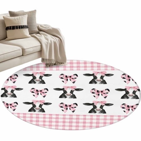 Cute Bow Cow Round Area Rugs Collection 4   Farmhouse Cute Animals Pink Buffalo Checkered Non Slip Indoor Circular Throw Runner Rug Floor Mat Carpet f