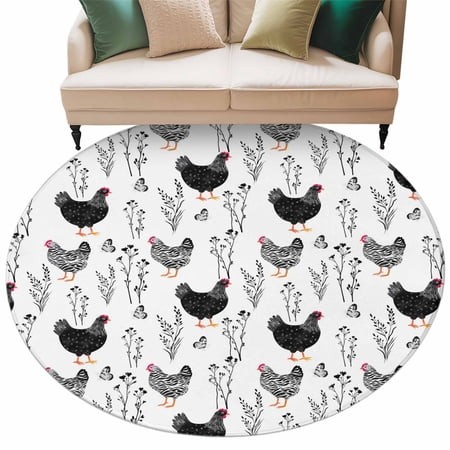 Rooster Farmhouse Black Round Area Rugs Collection 6   Farm Animals Simple Art Modern Non Slip Indoor Circular Throw Runner Rug Floor Mat Carpet for L