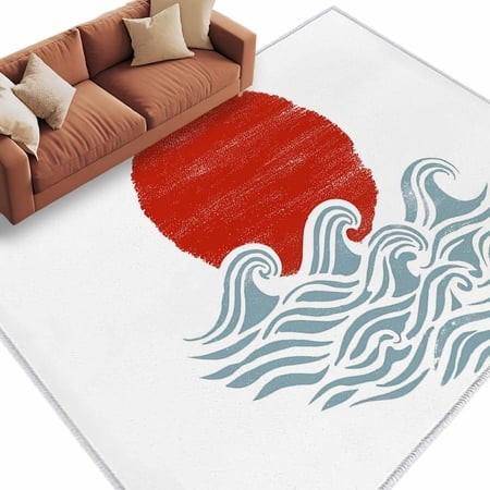 Red Sun Rise Area Rugs Collection 8 X10   Ocean Waves Coastal Abstract Art Non Slip Indoor Rectangle Throw Runner Rug Floor Mat Carpet for Living Room