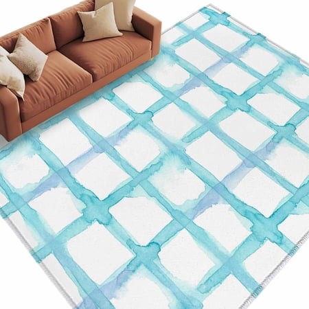Blue Plaid Area Rugs Collection 6 X9   Farmhouse Buffalo Check Stripes Modern Geometric Non Slip Indoor Rectangle Throw Runner Rug Floor Mat Carpet fo