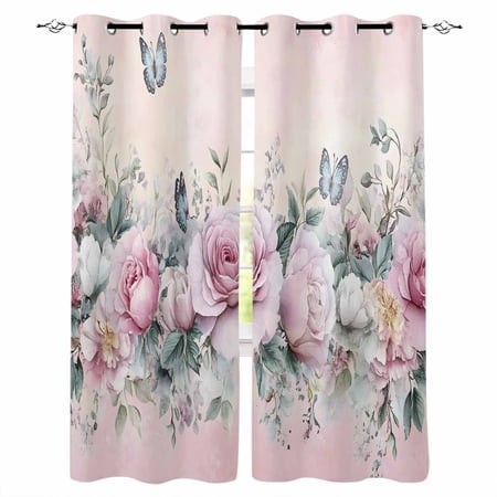 Pink Roses Floral Kitchen Curtains Vintage Romance Botanical Flowers Cafe Short Curtains for Bathroom Blackout Window Curtain Grommet Small Window Tre