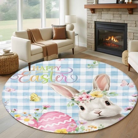 Round Rugs 6 Ft  Blue Easter Non Slip Area Rugs for Kitchen Bedroom Entryway  Spring Easter Bunny Eggs Floral Buffalo Plaid Washable Carpet Runner Rug