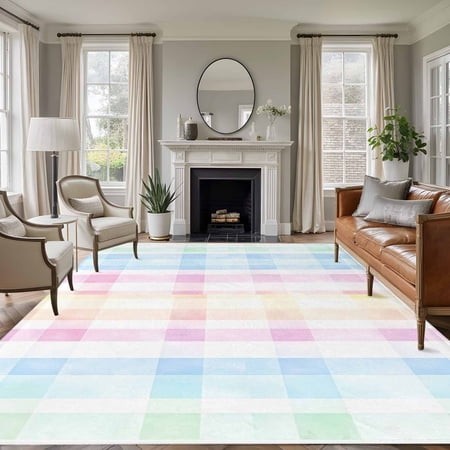 Large Area Rug 6 X9   Blue Pink Plaid Non-slip Runner Carpet for Living Room/Bedroom/Office  Pastel Green White Buffalo Patchwork Outdoor Indoor Recta