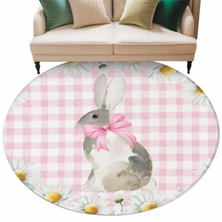 Blue Easter Bunny Round Area Rugs Collection 6   Spring Daisy Modern Pink Buffalo Plaid Non Slip Indoor Circular Throw Runner Rug Floor Mat Carpet for