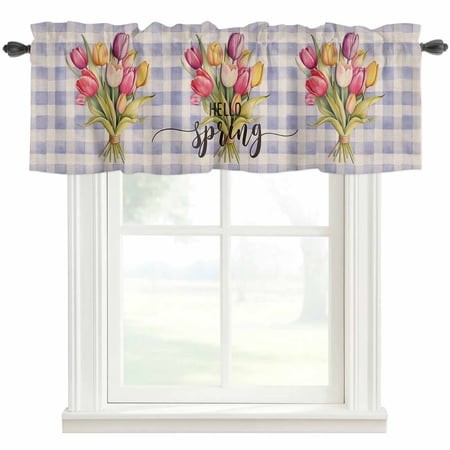 Spring Tulips Flower Plant Window Valance Curtain Blue Purple Buffalo Plaid Rod Pocket Short Curtain for Living Room  Bedroom & Kitchen Window Decor 6
