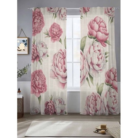 Sheer Curtains 96 Inches Long 2 Panels  Vintage Country Flower Rose Rod Pocket Curtain Voile Draperies  Abstract Floral Art Light Filtering Window Tre