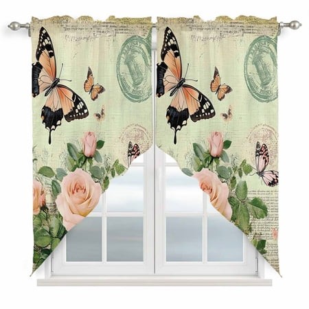 Vintage Butterfly Roses Kitchen Window Curtains  Swag Curtains Valance for Bedroom Living Room Bathroom  Spring Botanical Floral Rod Pocket Window Tre