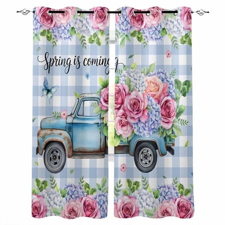 Spring Kitchen Curtains Truck Botanical Rose Leaves Blue White Plaid Cafe Short Curtains for Bathroom Blackout Window Curtain Grommet Small Window Tre