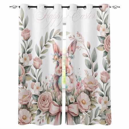Easter Bunny Kitchen Curtains Cute Rabbit Rose Floral Pastoral Leaves Plants Cafe Short Curtains for Bathroom Blackout Window Curtain Small Window Tre