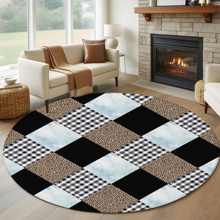 Geometric Patchwork Washable Round Area Rug 6 Ft  Leopard Black Buffalo Plaid Blue Marble  Soft Non Slip Rugs Stain Repellent Indoor Felt Carpet for L