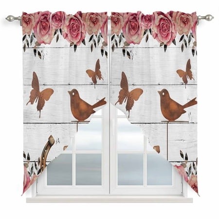 Swag Valance Curtains for Windows  Pink Roses Birds Light Filtering Kitchen Curtains with Rod Pocket  Spring Floral Butterflies Gray Wooden Window Tre