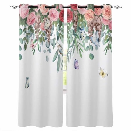 Watercolor Roses Blackout Curtains 90 Inch Length 2 Panels Set for Living Room Bedroom  Spring Flowers Leaves Butterflies Botanical Privacy Window Tre