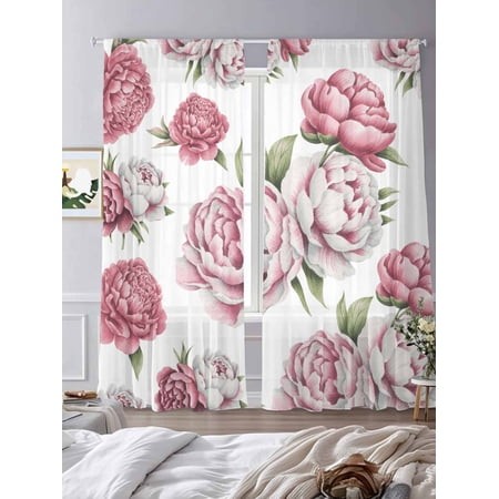 Sheer Curtains 84 Inches Long 2 Panels  Abstract Rose Flower Rod Pocket Curtain Voile Draperies  Classic Country Floral Art Light Filtering Window Tre