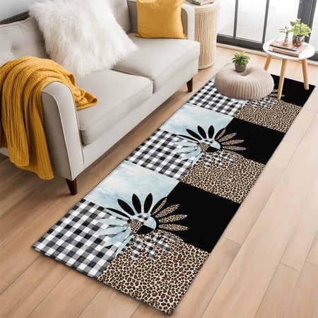 Daisy Washable Area Rug 2 X 6 Ft Black White Buffalo Check Leopard Black Sky Blue  Soft Non Slip Rugs Stain Repellent Indoor Felt Carpet for Living Di