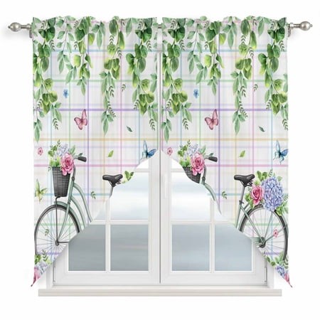 Swag Valance Curtains for Windows  Spring Light Filtering Kitchen Curtains with Rod Pocket  Bicycles Botanical Leaves Rose Colorful Stripes Window Tre