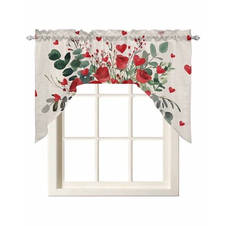 Valentine Red Love Heart Swag Valances for Windows  Small Curtains Drapes  Eucalyptus Leaves Rose Vintage Kitchen Window Curtains Over Sink Window Tre