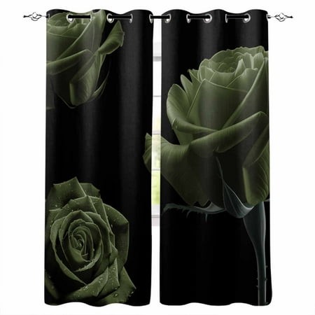 Sage Green Rose Kitchen Curtains Vintage Abstract Garden Flower Floral Black Cafe Short Curtains for Bathroom Blackout Window Curtain Small Window Tre