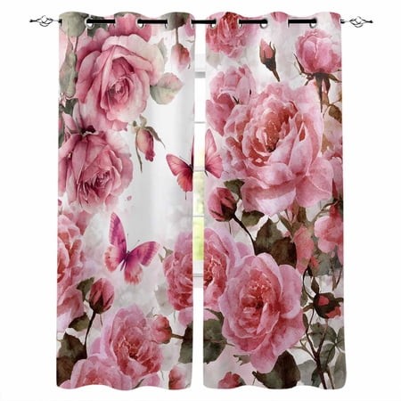 Pink Roses Kitchen Curtains Spring Floral Elegant Pastoral Butterfly Cafe Short Curtains for Bathroom Blackout Window Curtain Grommet Small Window Tre