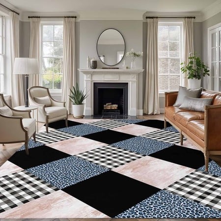 Geometric Patchwork Washable Area Rug 6 X 9 Ft Blue Leopard Buffalo Plaid Pink Marble  Soft Non Slip Rugs Stain Repellent Indoor Felt Carpet for Livin