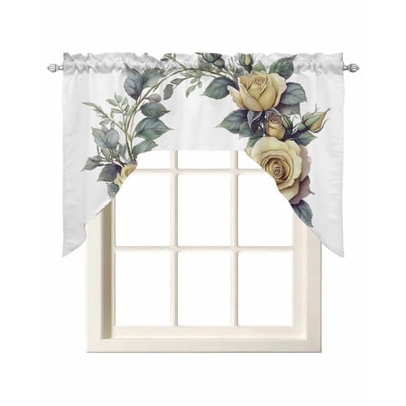 Yellow Flower Swag Valances for Windows  Small Curtains Drapes  Vintage Rose Floral Watercolor Green Leaf Kitchen Window Curtains Over Sink Window Tre