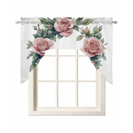 Pink Rose Floral Swag Valances for Windows  Small Curtains Drapes  Spring Botanical Flower Leaf Farmhouse Kitchen Window Curtains Over Sink Window Tre