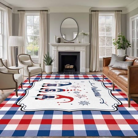 Independence Day Washable Area Rug 6 X 9 Ft USA Gnomes on Blue Red Buffalo Plaid  Soft Non Slip Rugs Stain Repellent Indoor Felt Carpet for Living Din